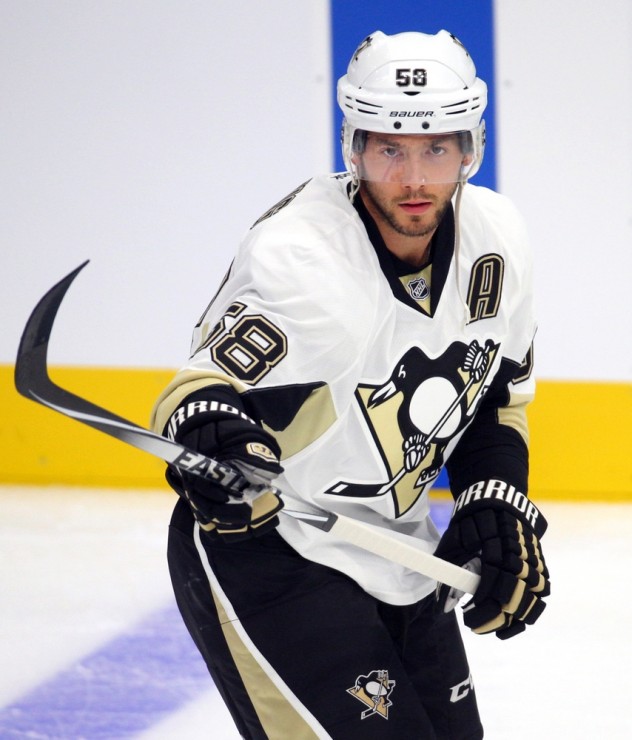 Sep 28, 2015; Quebec City, Quebec, CAN; Pittsburgh Penguins defenseman Kris Letang (58) before the game against Montreal Canadiens at Videotron Centre. Mandatory Credit: Jean-Yves Ahern-USA TODAY Sports
