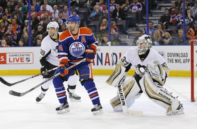 Nov 6, 2015; Edmonton, Alberta, CAN; Edmonton Oilers forward Jordan Eberle (14) looks for pass in front of the Pittsburgh Penguins goal during the third period at Rexall Place. Mandatory Credit: Perry Nelson-USA TODAY Sports
