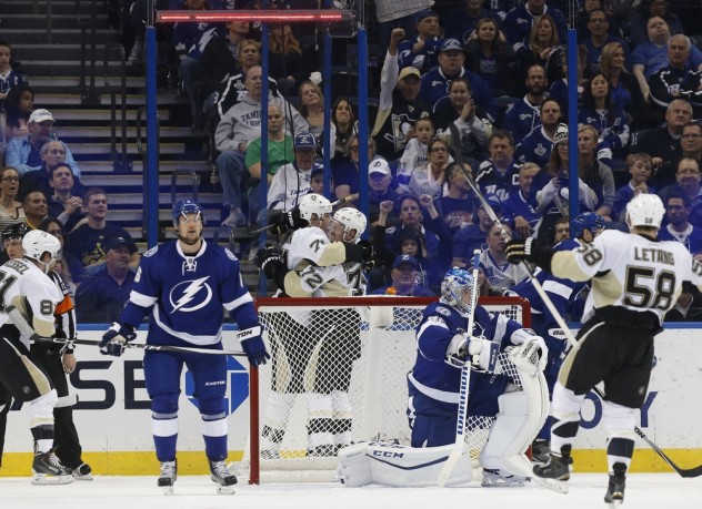 Jan 15, 2016; Tampa, FL, USA; Pittsburgh Penguins right wing Patric Hornqvist (72) is congratulated as he scores a goal against the Tampa Bay Lightning during the second period at Amalie Arena. Mandatory Credit: Kim Klement-USA TODAY Sports