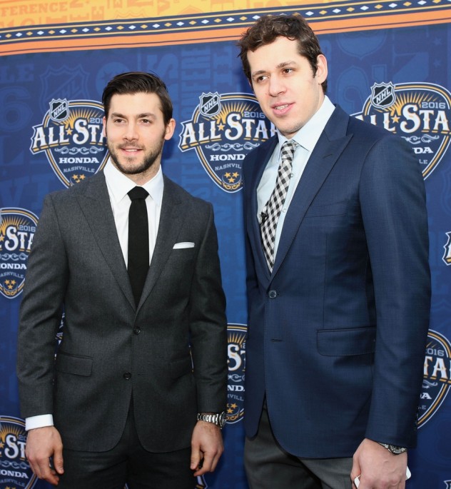 Jan 30, 2016; Nashville, TN, USA; Metropolitan Division defenseman Kris Letang (left) of the Pittsburgh Penguins stands on the red carpet with teammate Metropolitan Division forward Evgeni Malkin prior to the 2016 NHL All Star Game Skills Competition at Bridgestone Arena. Mandatory Credit: Aaron Doster-USA TODAY Sports