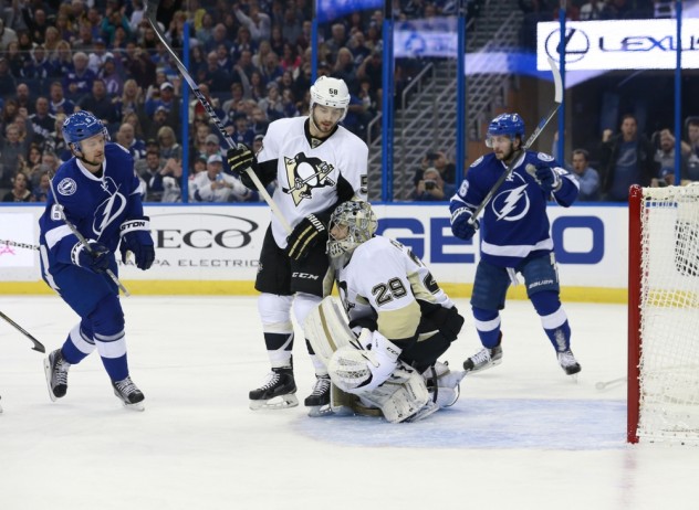 Feb 5, 2016; Tampa, FL, USA; Tampa Bay Lightning defenseman Anton Stralman (6) scores a goal on Pittsburgh Penguins goalie Marc-Andre Fleury (29) during the first period at Amalie Arena. Mandatory Credit: Kim Klement-USA TODAY Sports