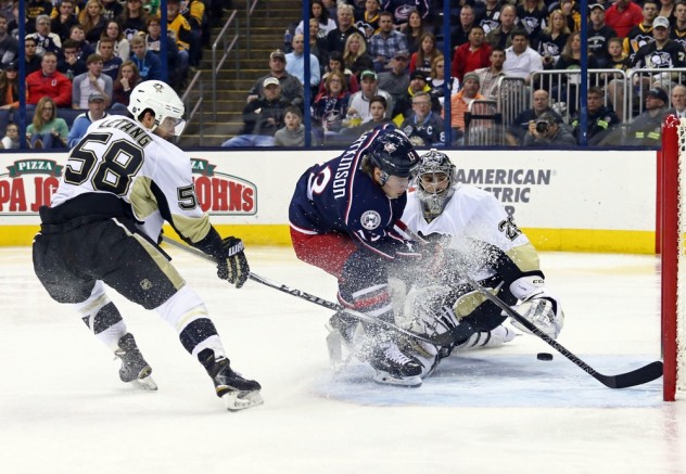 Mar 11, 2016; Columbus, OH, USA; Columbus Blue Jackets right wing Cam Atkinson (13) scores a goal against Pittsburgh Penguins goalie Marc-Andre Fleury (29) in the second period at Nationwide Arena. Mandatory Credit: Aaron Doster-USA TODAY Sports
