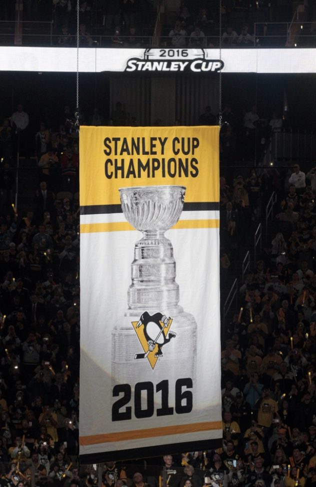 Oct 13, 2016; Pittsburgh, PA, USA; The Pittsburgh Penguins 2016 Stanley Cup banner is raised prior to the game against the Washington Capitals at the PPG Paints Arena. Mandatory Credit: Charles LeClaire-USA TODAY Sports