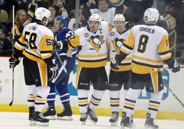 Nov 12, 2016; Pittsburgh, PA, USA; The Pittsburgh Penguins celebrate a goal by center Sidney Crosby (RC) against the Toronto Maple Leafs during the third period at the PPG Paints Arena. Pittsburgh won 4-1. Mandatory Credit: Charles LeClaire-USA TODAY Sports