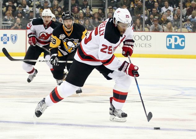 Nov 26, 2016; Pittsburgh, PA, USA; New Jersey Devils right wing Devante Smith-Pelly (25) skates with the puck against the Pittsburgh Penguins during the first period at the PPG PAINTS Arena. Mandatory Credit: Charles LeClaire-USA TODAY Sports