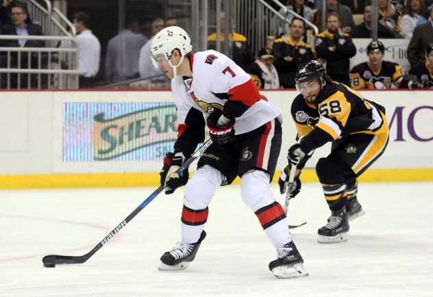 Dec 5, 2016; Pittsburgh, PA, USA;  Ottawa Senators center Kyle Turris (7) drives to the net ahead of Pittsburgh Penguins defenseman Kris Letang (58) during the first period at the PPG PAINTS Arena. Mandatory Credit: Charles LeClaire-USA TODAY Sports