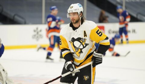 Kris Letang #58 of the Pittsburgh Penguins warms up on the ice ahead of a matchup against the New York Islanders.