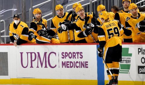 Jake Guentzel #59 of the Pittsburgh Penguins celebrates his first period goal against the New York Rangers.
